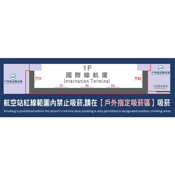 一、依據菸害防制法第18條第1項第5款規定禁止吸菸並依同條第2項設置明顯禁菸標示。
二、禁菸範圍:高雄機場國內線航廈及國際線航廈紅線範圍內區域(如附圖)。
三、管理作法:
(一) 航空站劃設禁菸範圍及地貼標示並公告周知。
(二) 於禁菸區域之重要出入口、旅客動線等張貼禁菸標示。
(三) 由航站人員、衛生單位人員、航警、保全等巡邏宣導或取締。
(四) 於禁菸區吸菸者，依菸害防制法規定，可處新臺幣2,000元至1萬元罰鍰。
四、本禁菸區域自115年1月1日起實施，並得適時調整修訂之。

高雄國際航空站戶外指定吸菸區
本站紅線範圍內為全面禁菸區，吸菸者請至以下戶外指定吸菸區：
1.國際線1樓：東側大客車停車場吸菸區、西側天橋下吸菸區
2.國際線3樓：東側花台吸菸區、西側花台吸菸區
3.國內線：東側停車場吸菸區、西側旅客停車場吸菸區